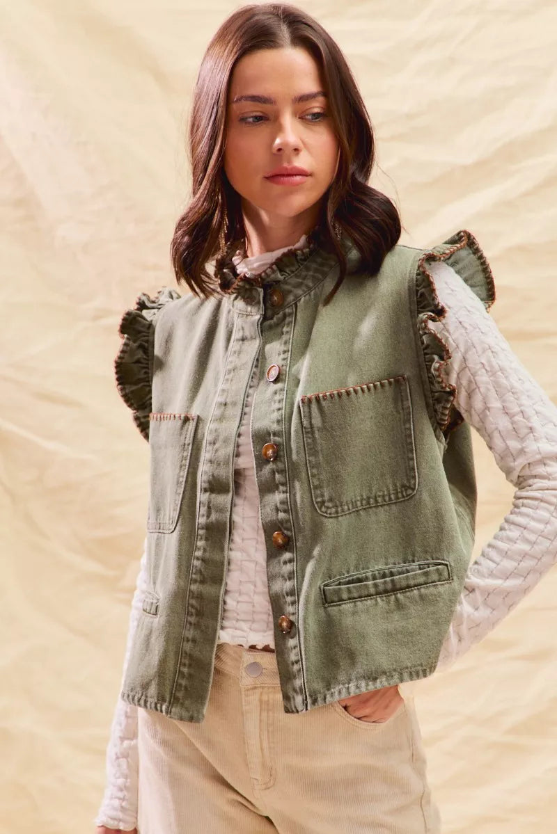 SO ME Washed Denim Stitch Ruffled Hidden Button Vest Top OutfitFlow