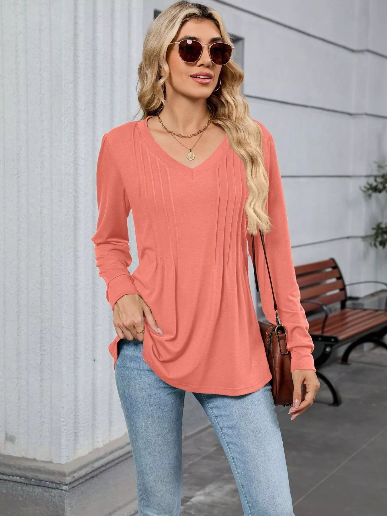 V-Neck Long Sleeve Relaxed Fit T-Shirt Pink OutfitFlow