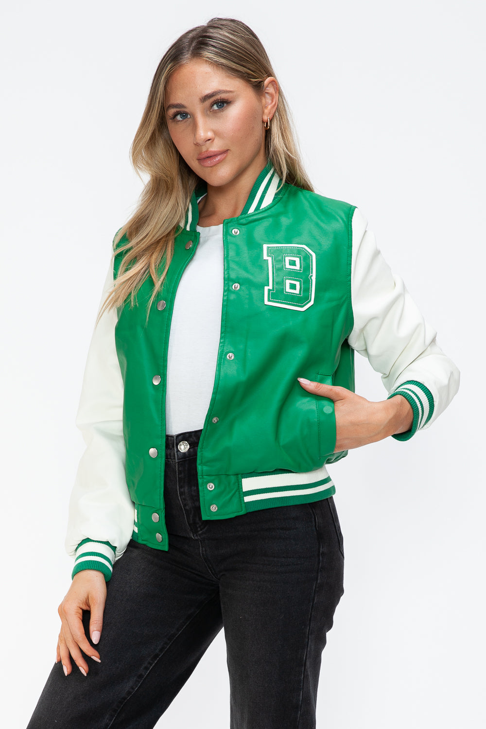 Outfit Flow - Love Me Now PU Leather Contrast Snap Down Bomber Jacket