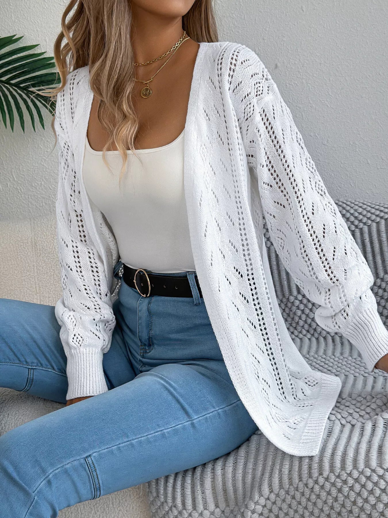 Openwork Open Front Cardigan White OutfitFlow