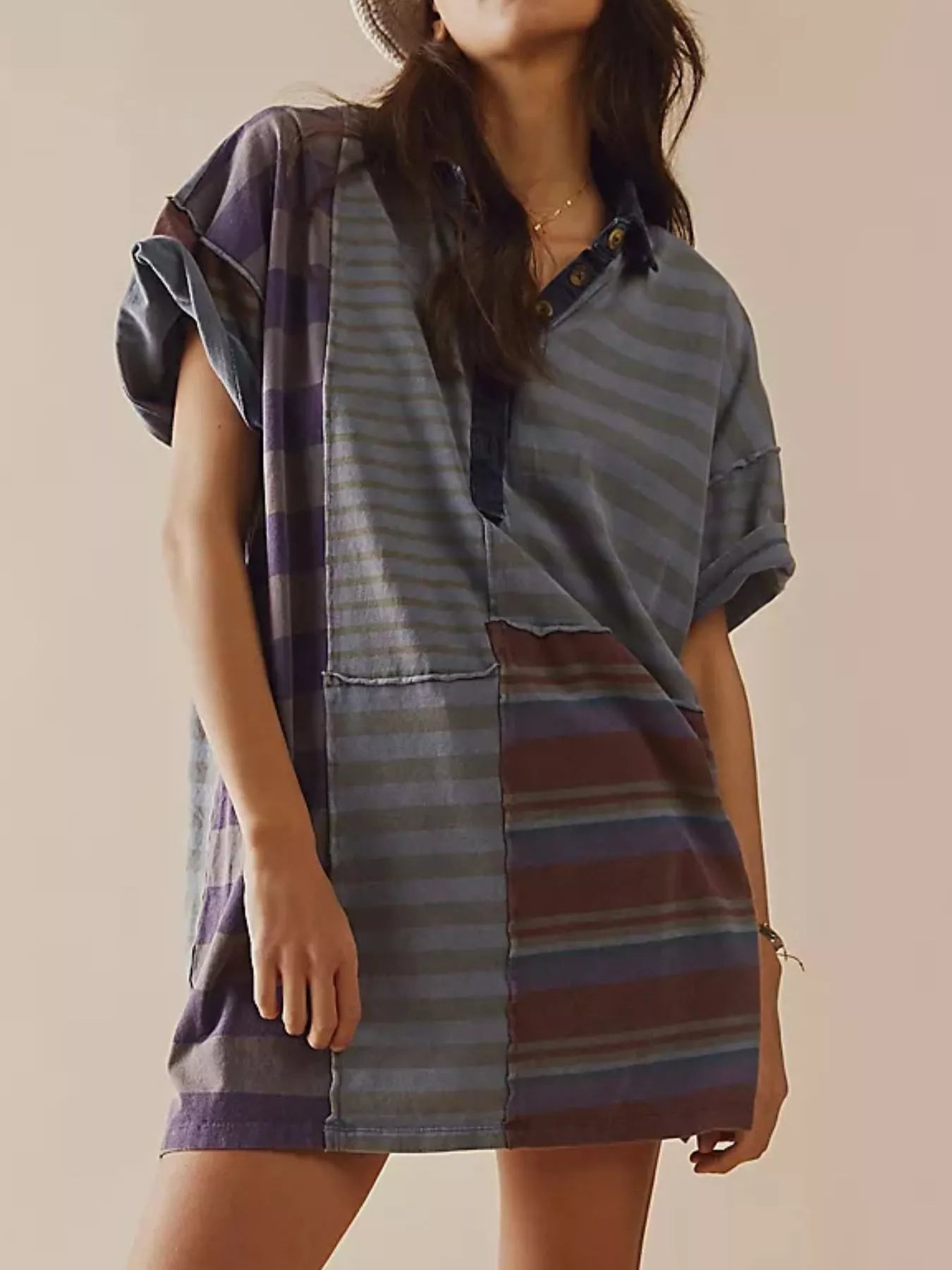 Striped Oversized Half Button Shirt Dress Blue-purple Stripes OutfitFlow