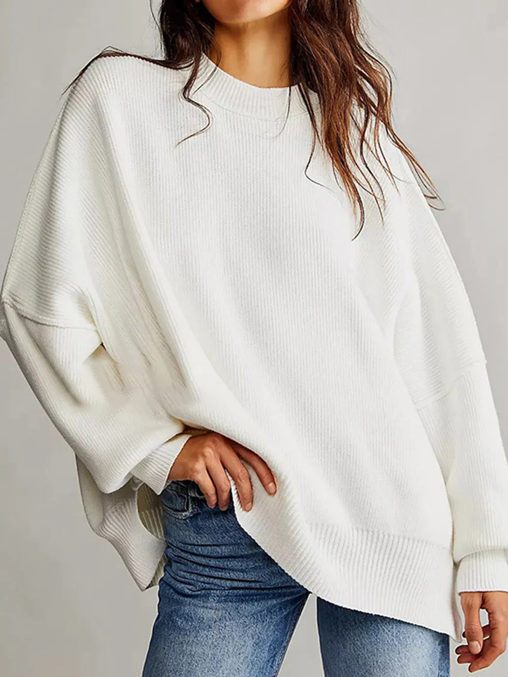 Round Neck Long Sleeve Sweater White OutfitFlow