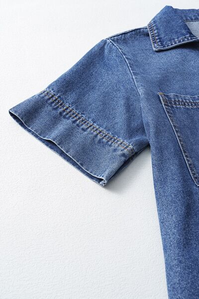 Short Sleeve Collared Patched Pocket Denim Mini Dress OutfitFlow