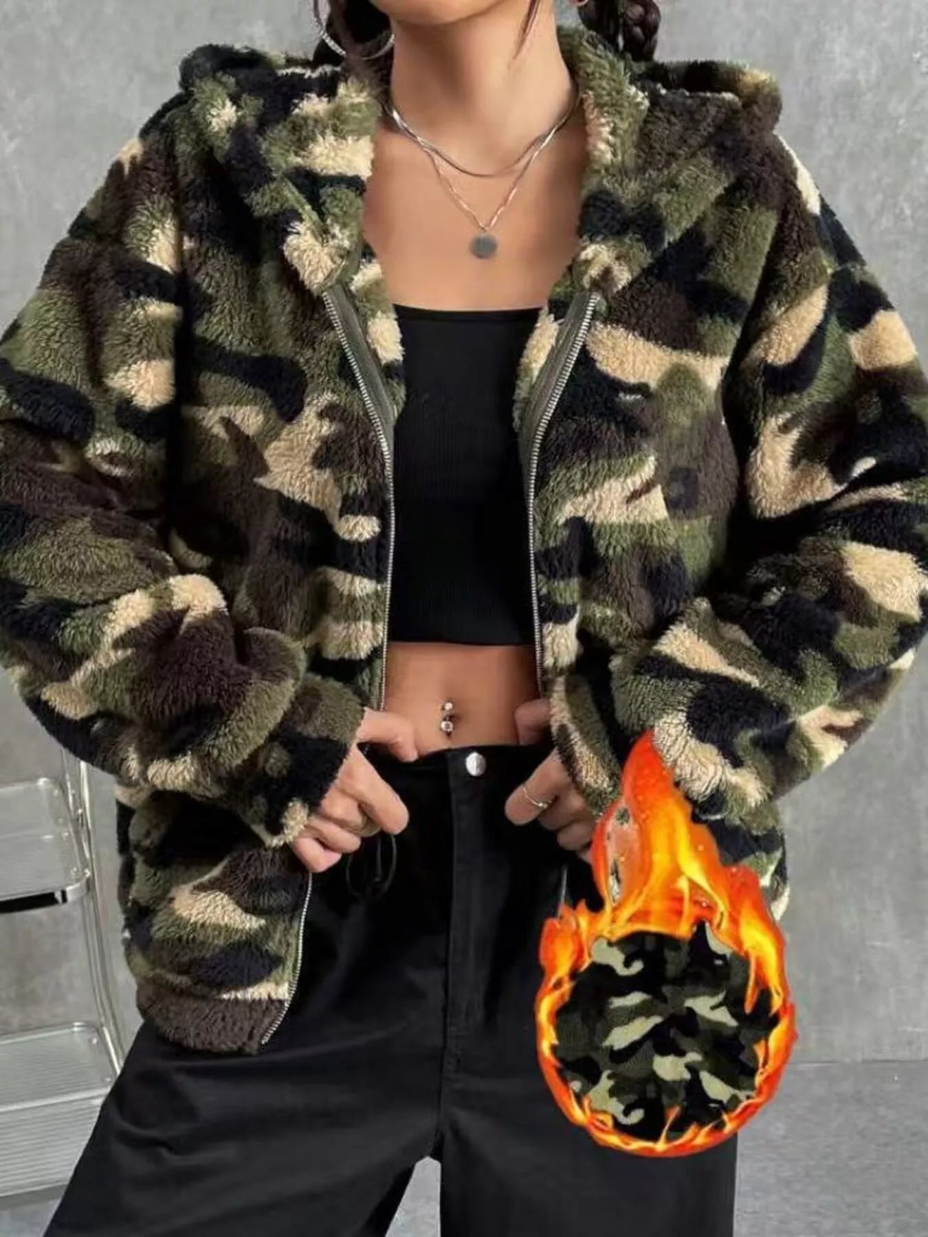 Camo Print Fuzzy Zip Up Outerwear OutfitFlow