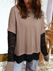 Sheer Lace Patchwork Casual Long Sleeve Tee Mocha OutfitFlow