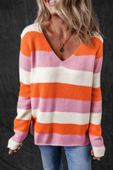 V-Neck Striped Color Block Knit Top OutfitFlow