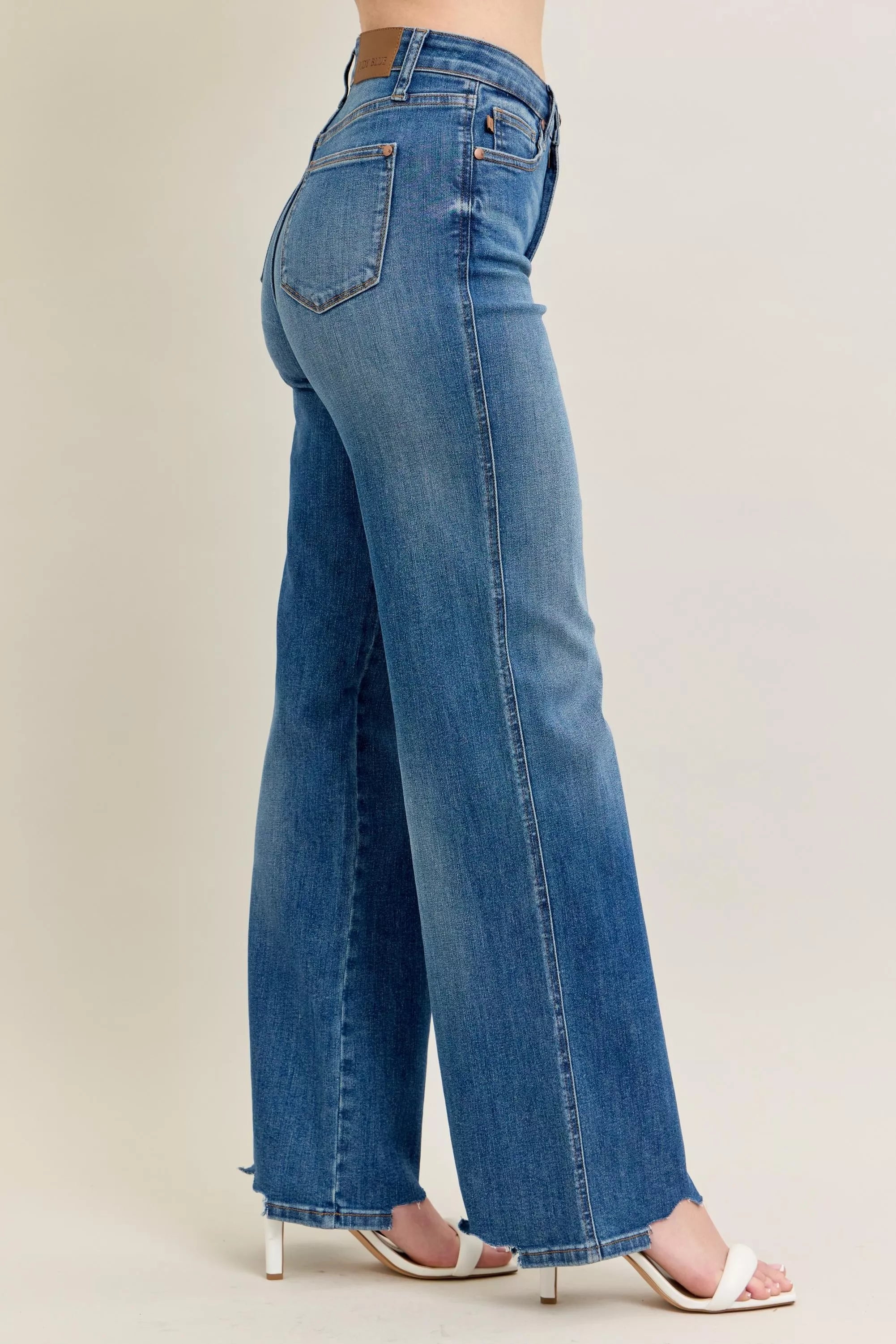 Judy Blue Full Size High Waist Tummy Control Chew Hem Destroy Wide Jeans Plus Size OutfitFlow