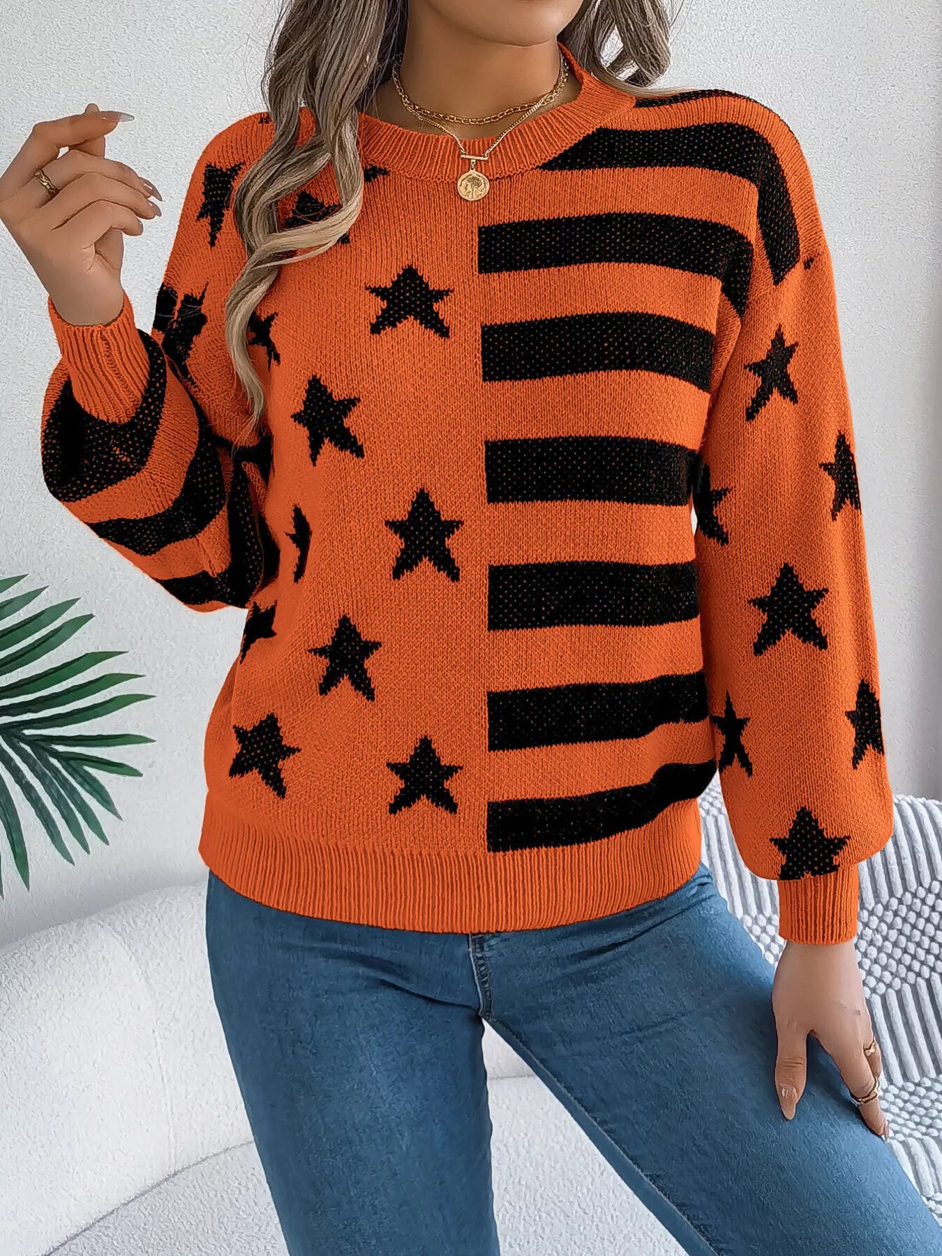 Stars and Stripes Pattern Casual Round Neck Sweater OutfitFlow