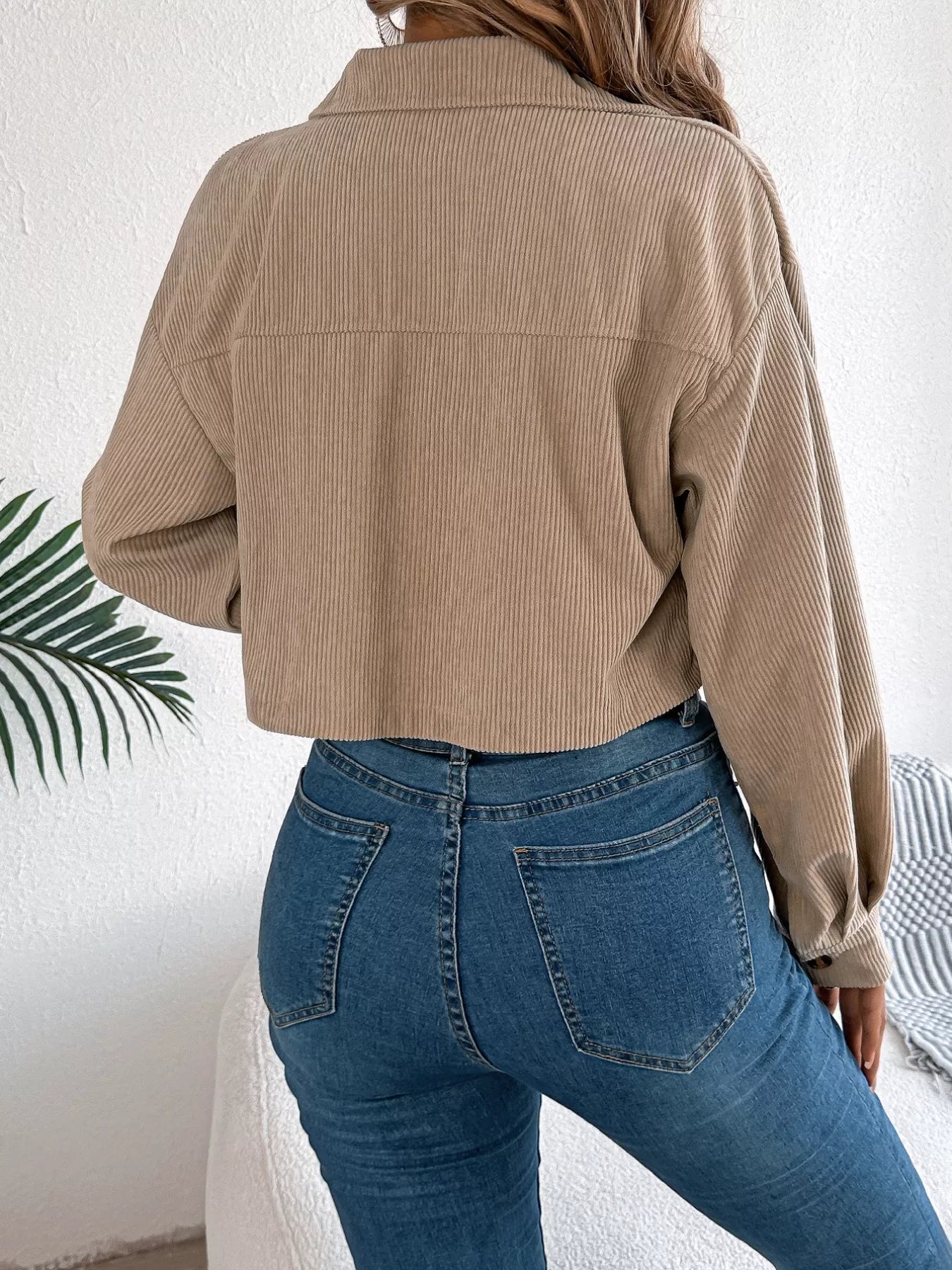 Corduroy Button-Up Dropped Shoulder Jacket Trendsi