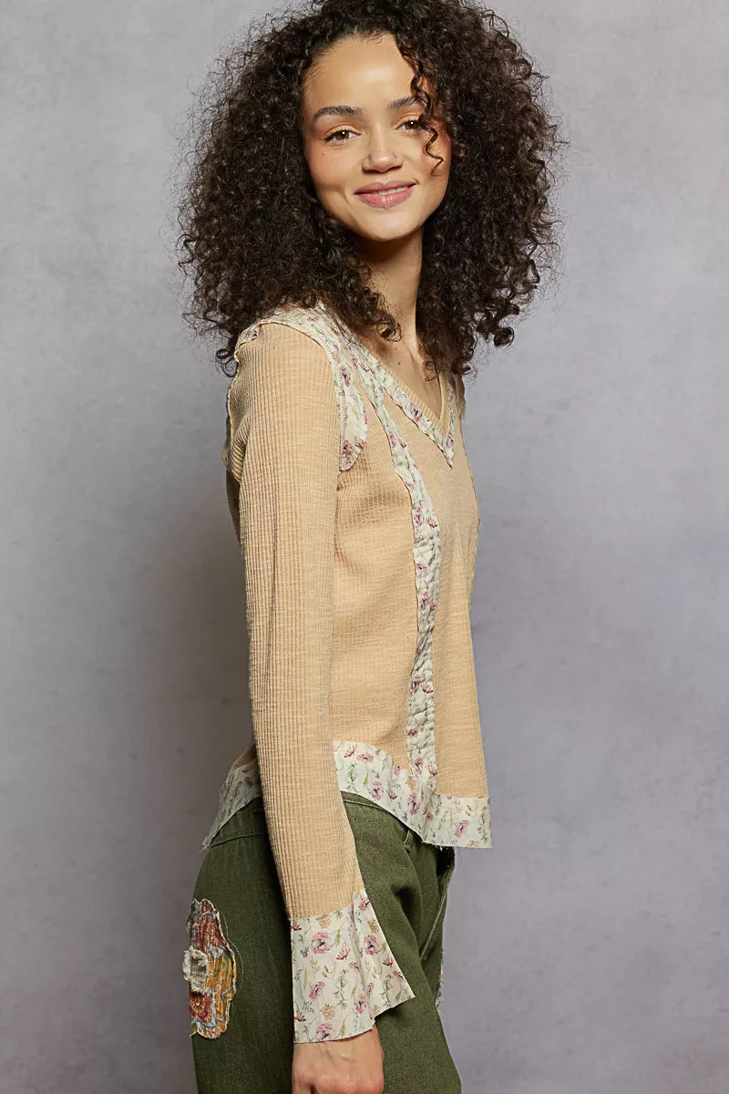 POL Floral Patch V-Neck Long Sleeve Ribbed Top OutfitFlow