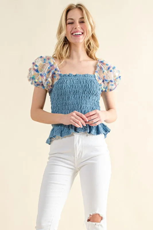 And The Why Embellishment Sleeve Smocked Top OutfitFlow