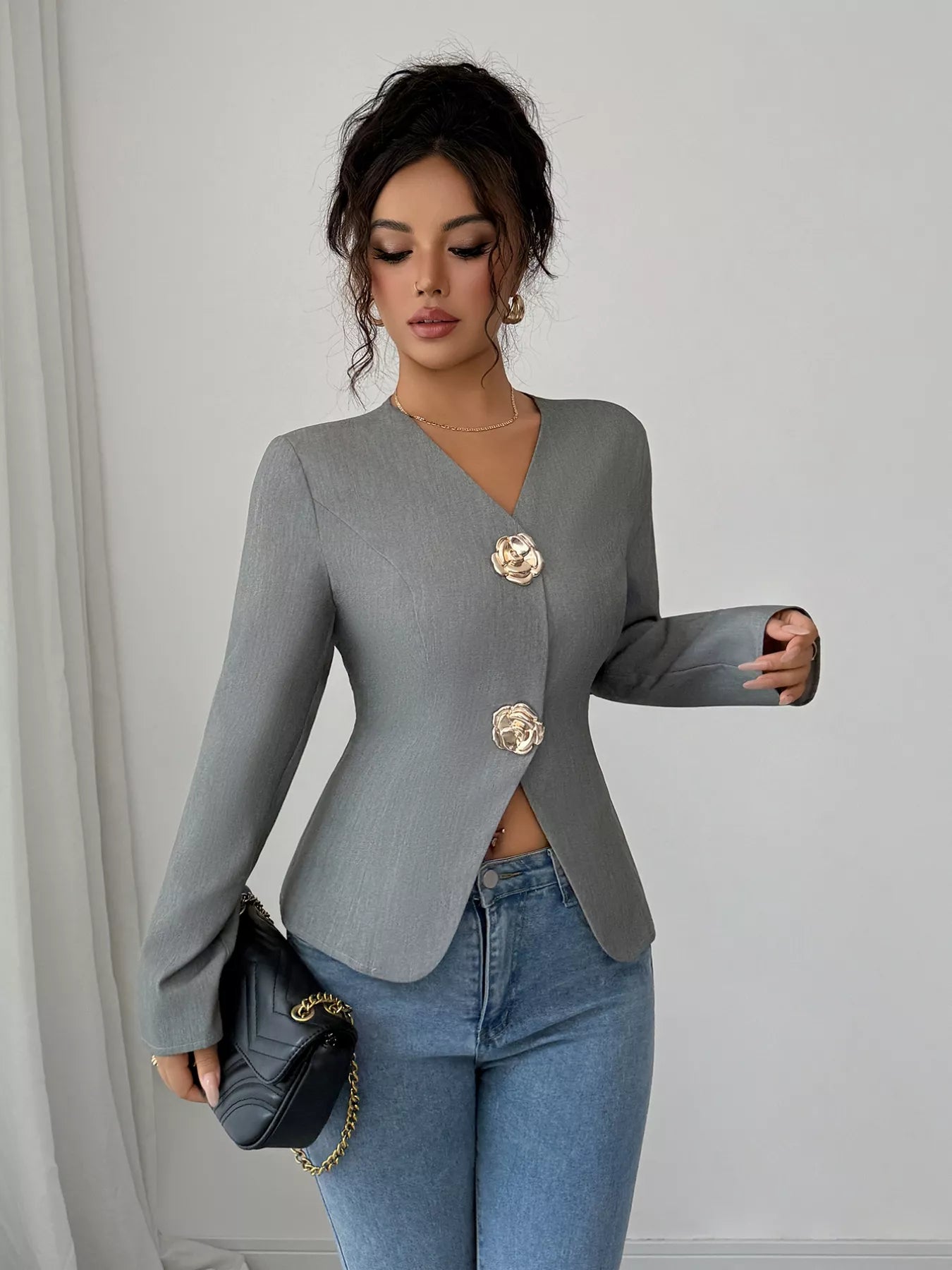 Flower Button Long Sleeve Blazer OutfitFlow