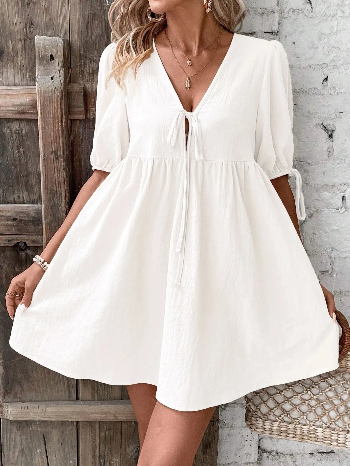 V-Neck Tie-Front Mini Dress with Puff Sleeves OutfitFlow