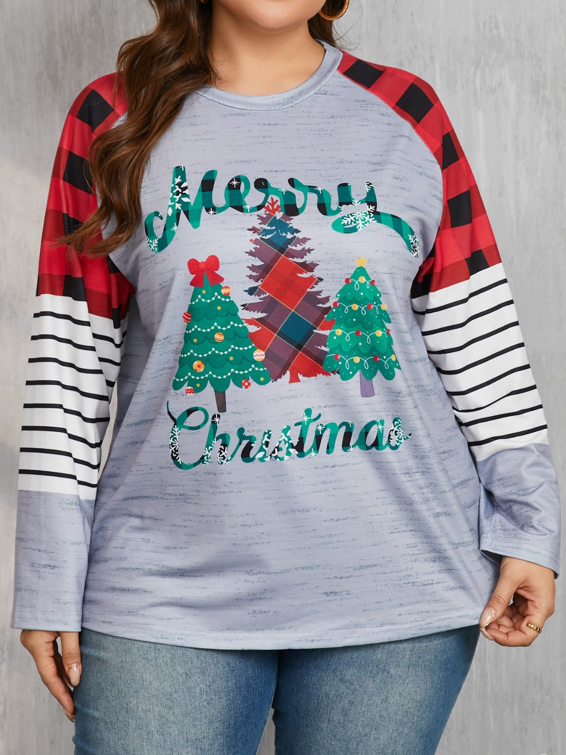 Outfit Flow - Plus Size Christmas Tree Plaid Round Neck Long Sleeve T-Shirt