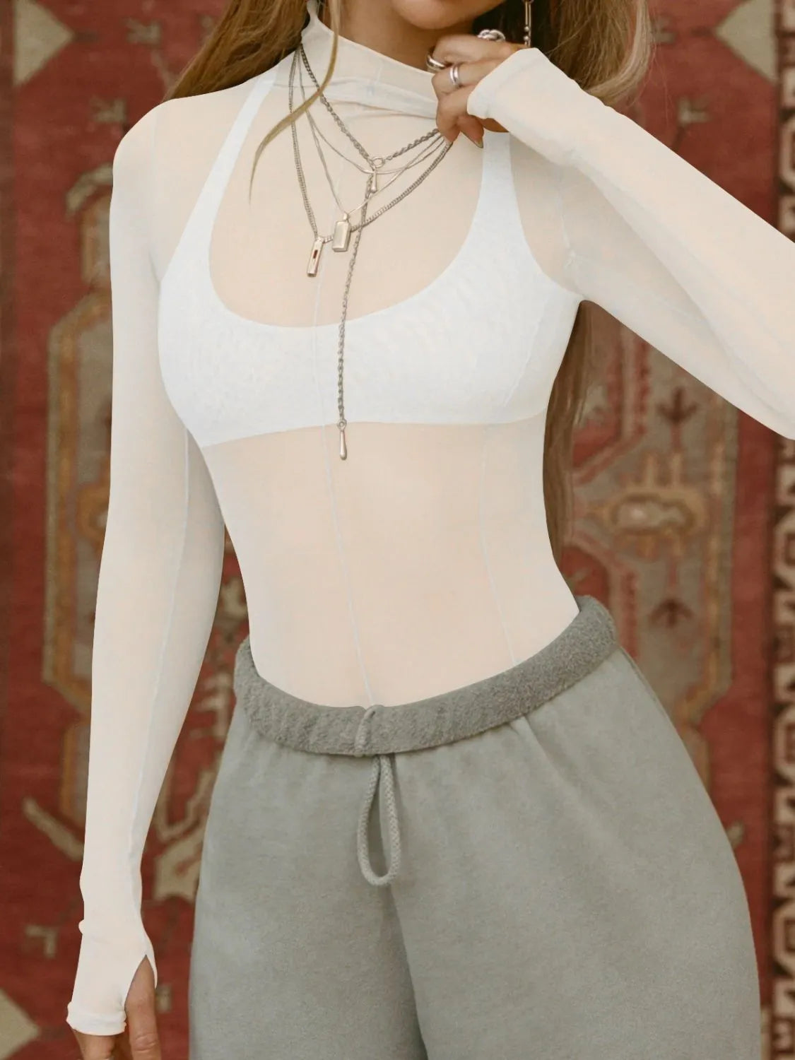Mock Neck Long Sleeve Sheer Top OutfitFlow
