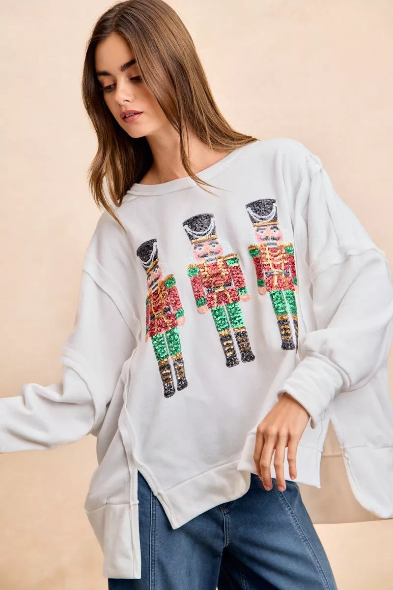 BiBi Christmas Sequin Nutcrackers Embroidery Sweatshirt OutfitFlow