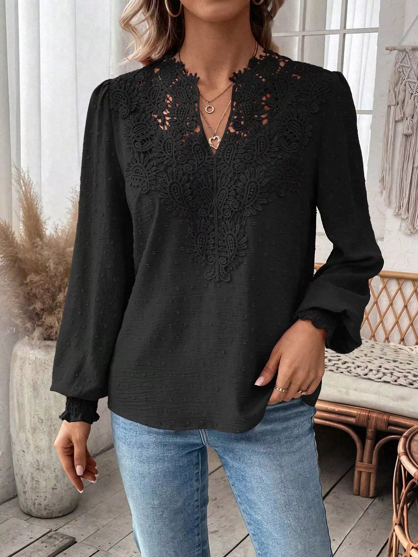 Swiss Dot Lace Detail Long Sleeve Blouse OutfitFlow