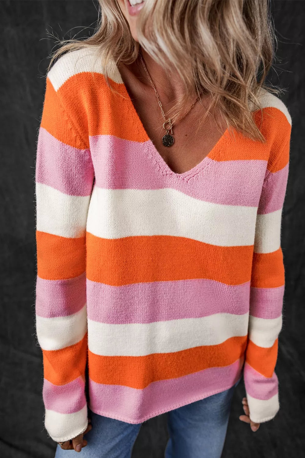 V-Neck Striped Color Block Knit Top OutfitFlow