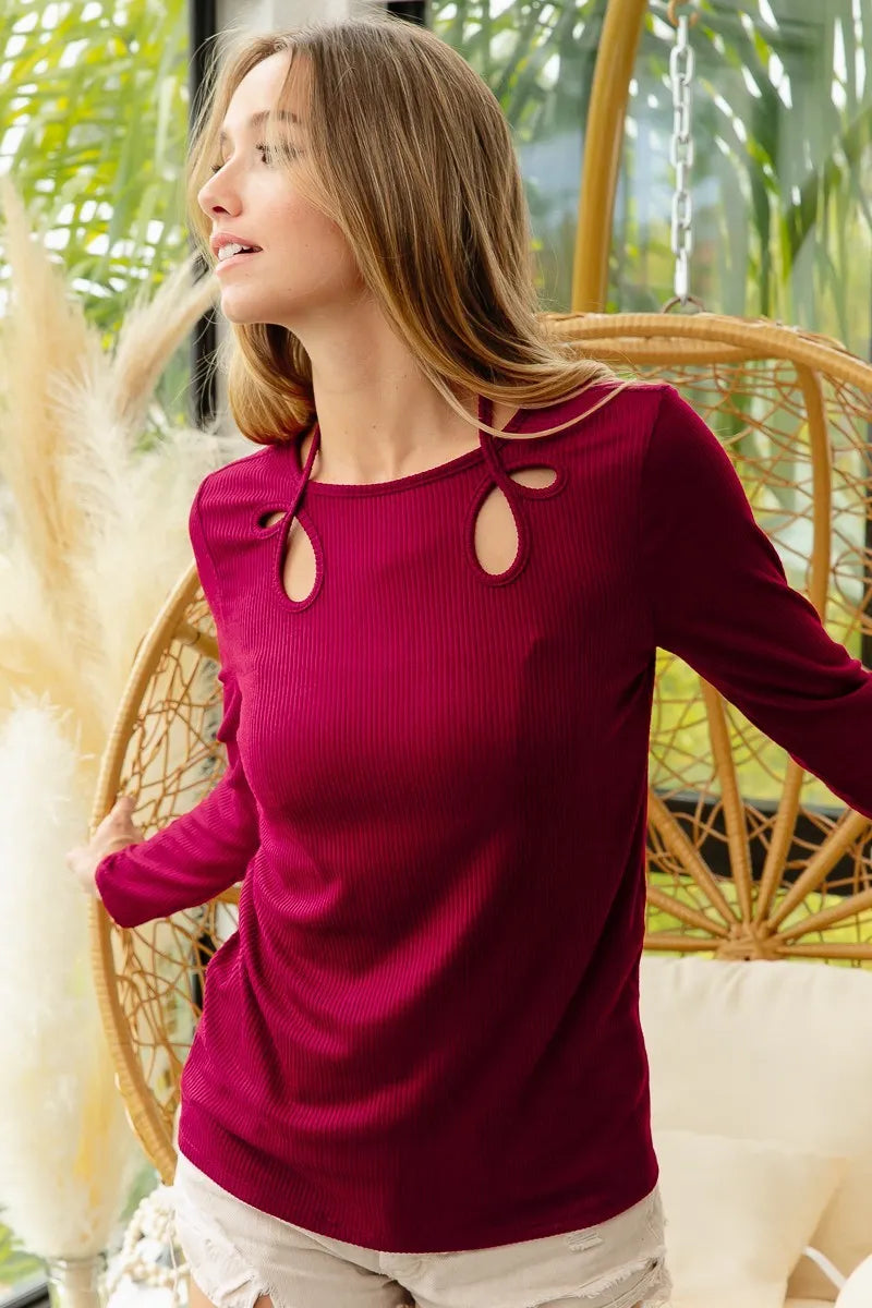 BiBi Rib Knit With Cut Out and Tied Neck Detailed Top OutfitFlow