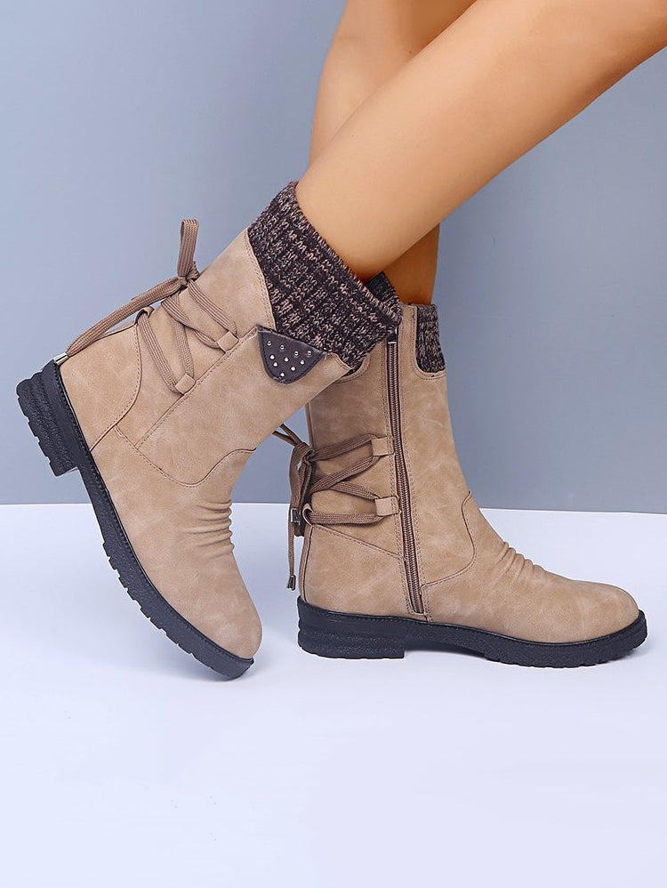 Outfit Flow - Lace-Up Low Heel Boots with Side Zip