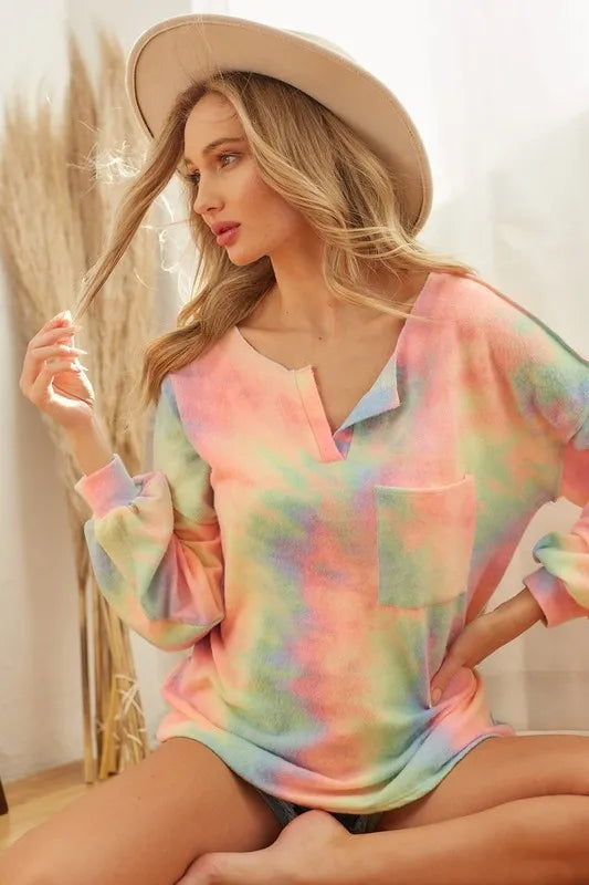 BiBi Brushed Tie Dye French Terry Top with Bubble Sleeves OutfitFlow