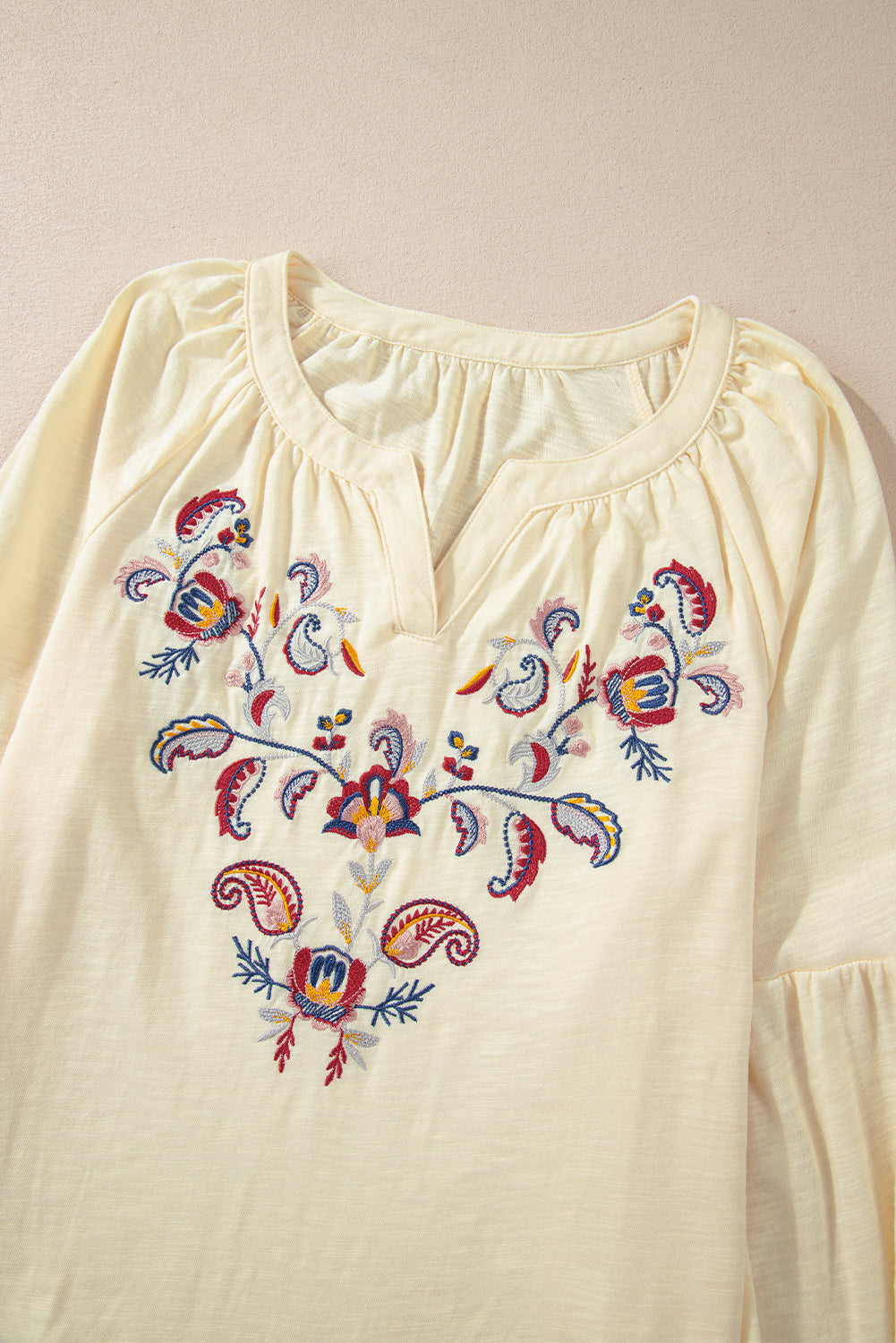 Outfit Flow - Embroidered Notched Long Sleeve Blouse