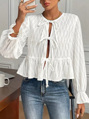 Tie Front Flounce Sleeve Blouse OutfitFlow