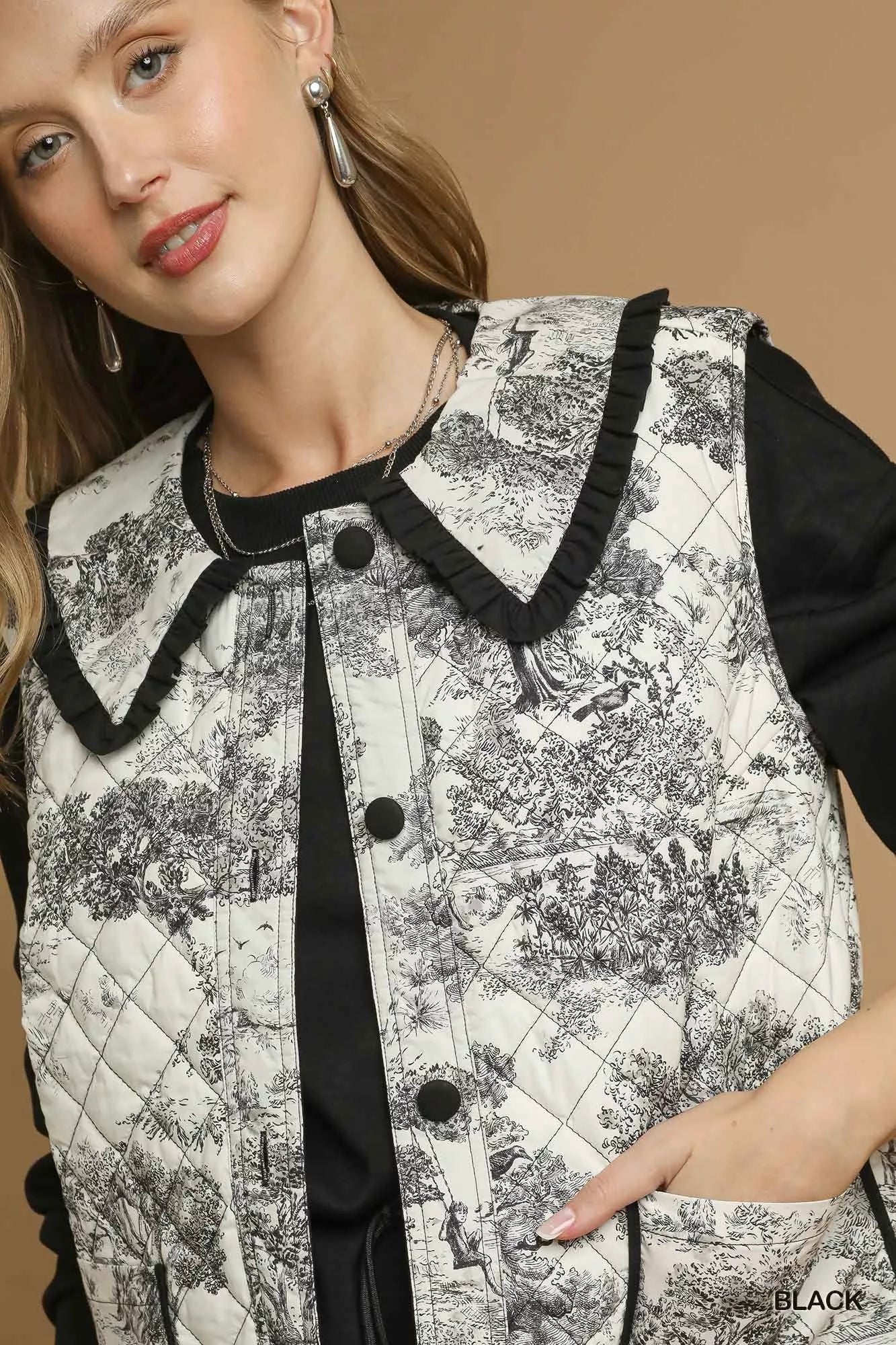 Umgee Toile Quilted Vest with Ruffle Collar OutfitFlow