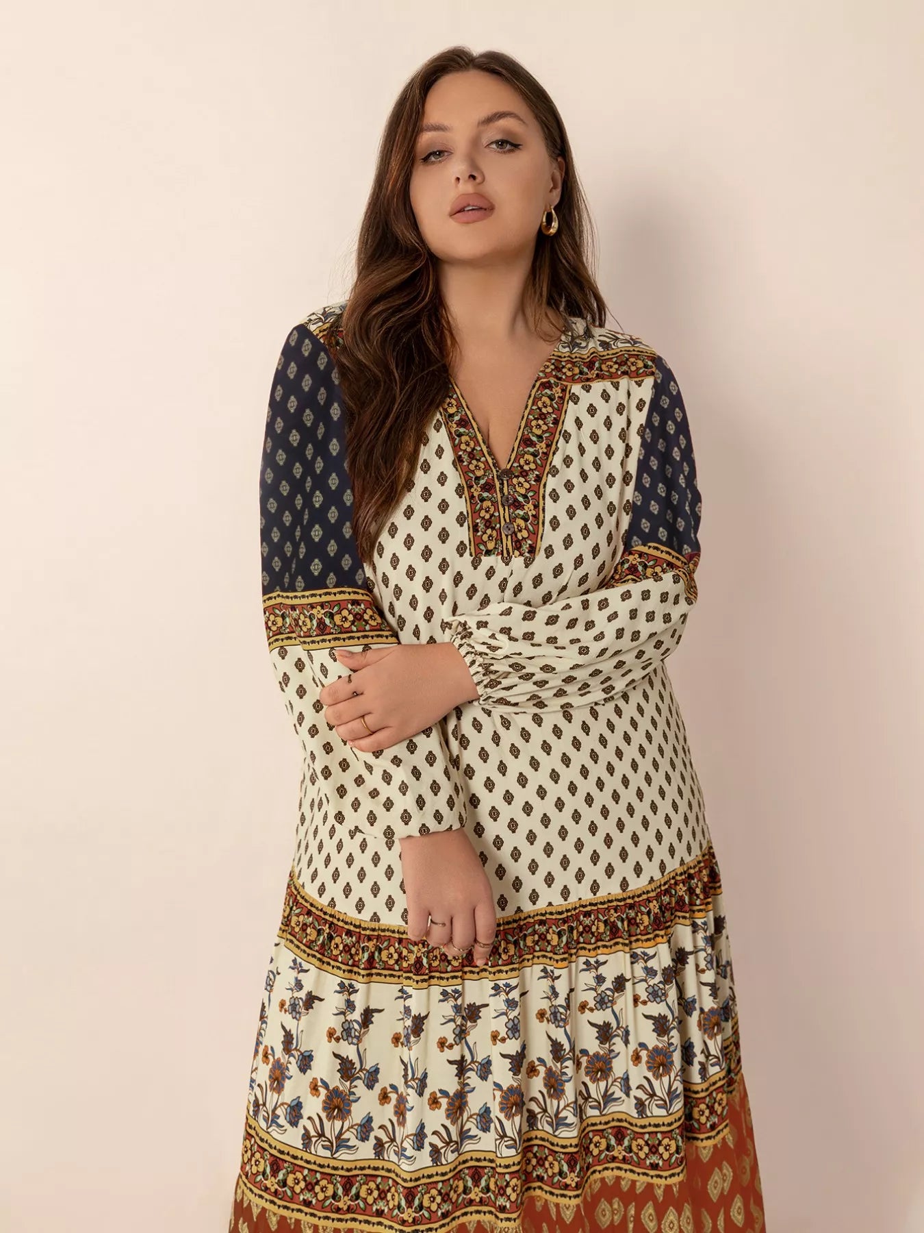 Plus Size Notched Balloon Sleeve Maxi Dress OutfitFlow