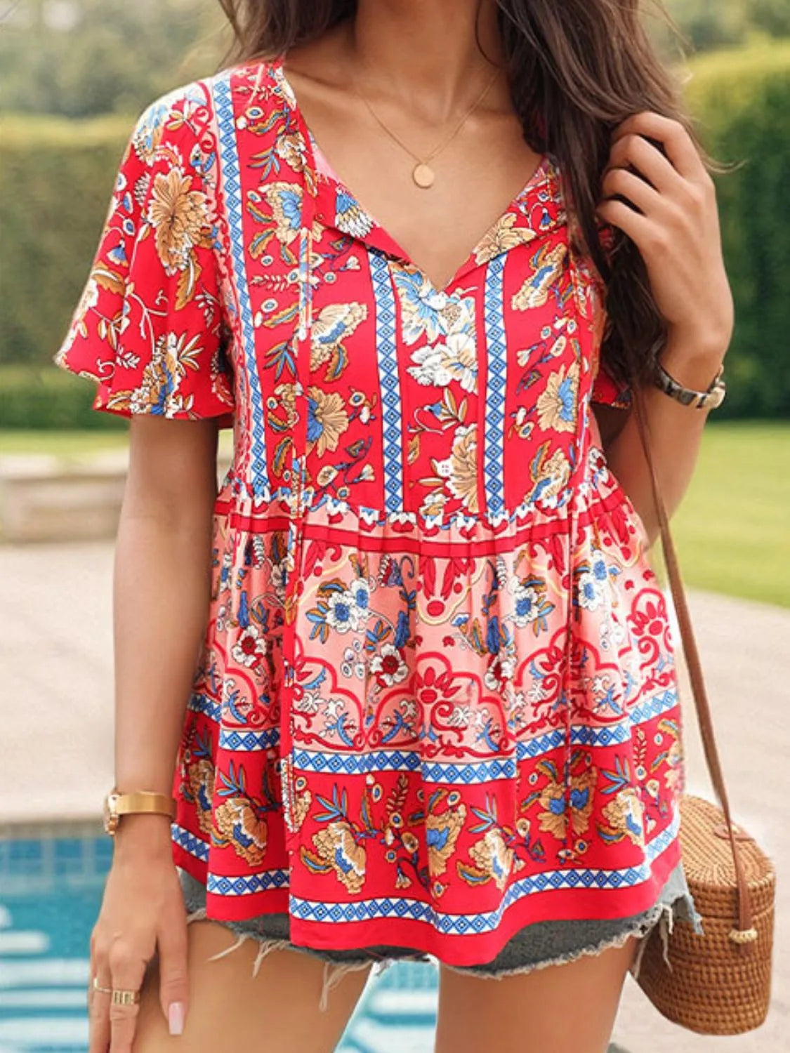 Floral Print Tie Neck Flutter Sleeve Blouse OutfitFlow