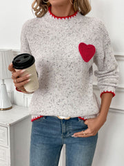 Outfit Flow - Perfee Contrast Heart Round Neck Long Sleeve Sweater