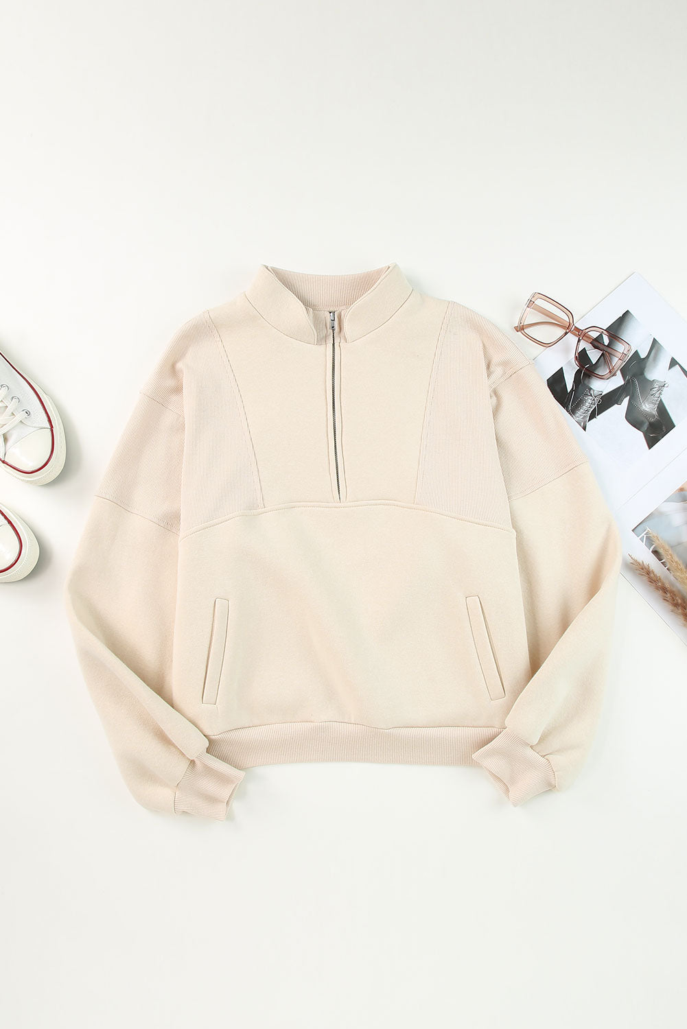 Half Zip Drop Shoulder Long Sleeve Sweatshirt OutfitFlow