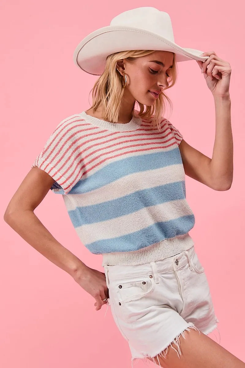 BiBi Stripes Lightweight Short Sleeve Sweater OutfitFlow