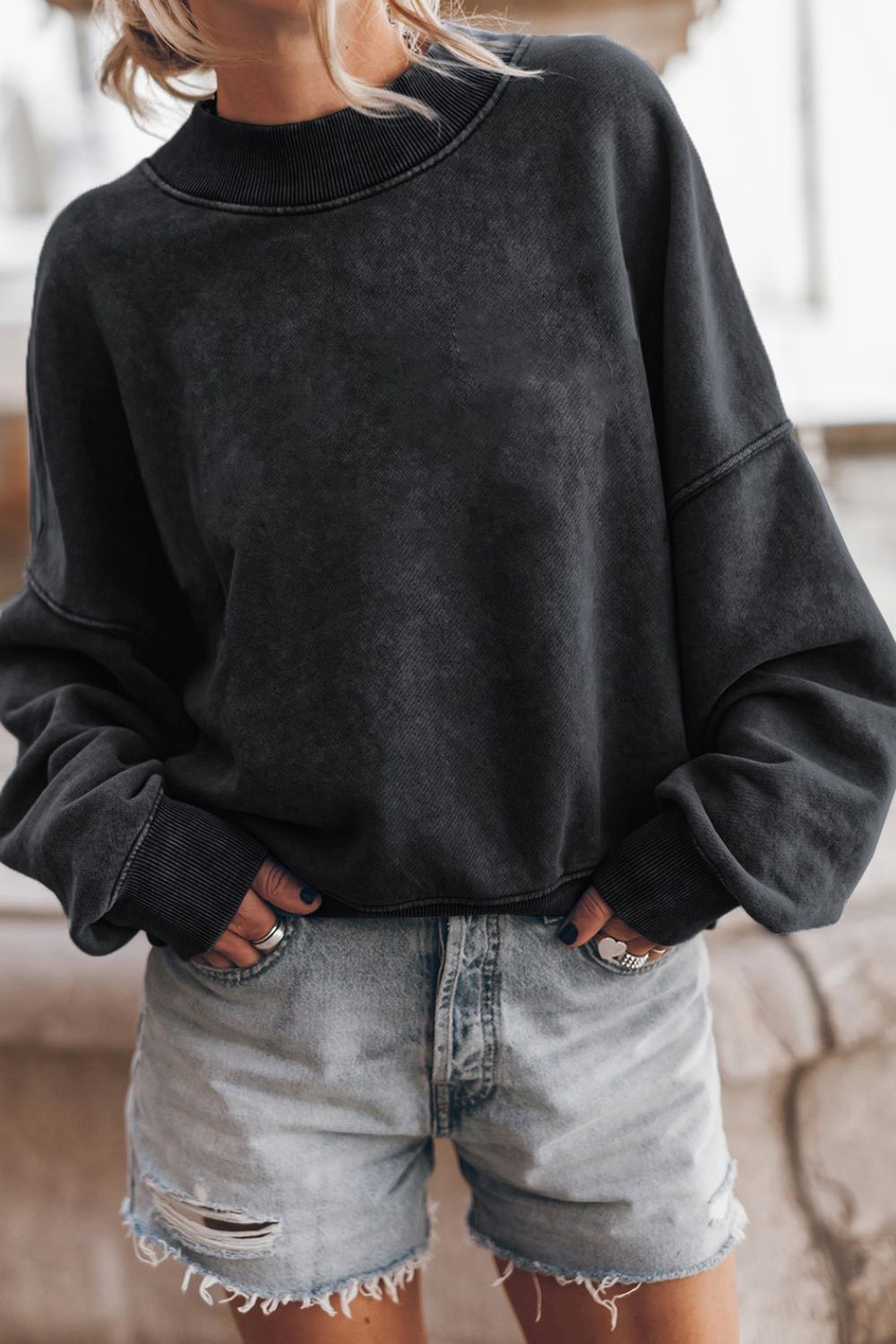 Outfit Flow - Mock Neck Dropped Shoulder Sweatshirt