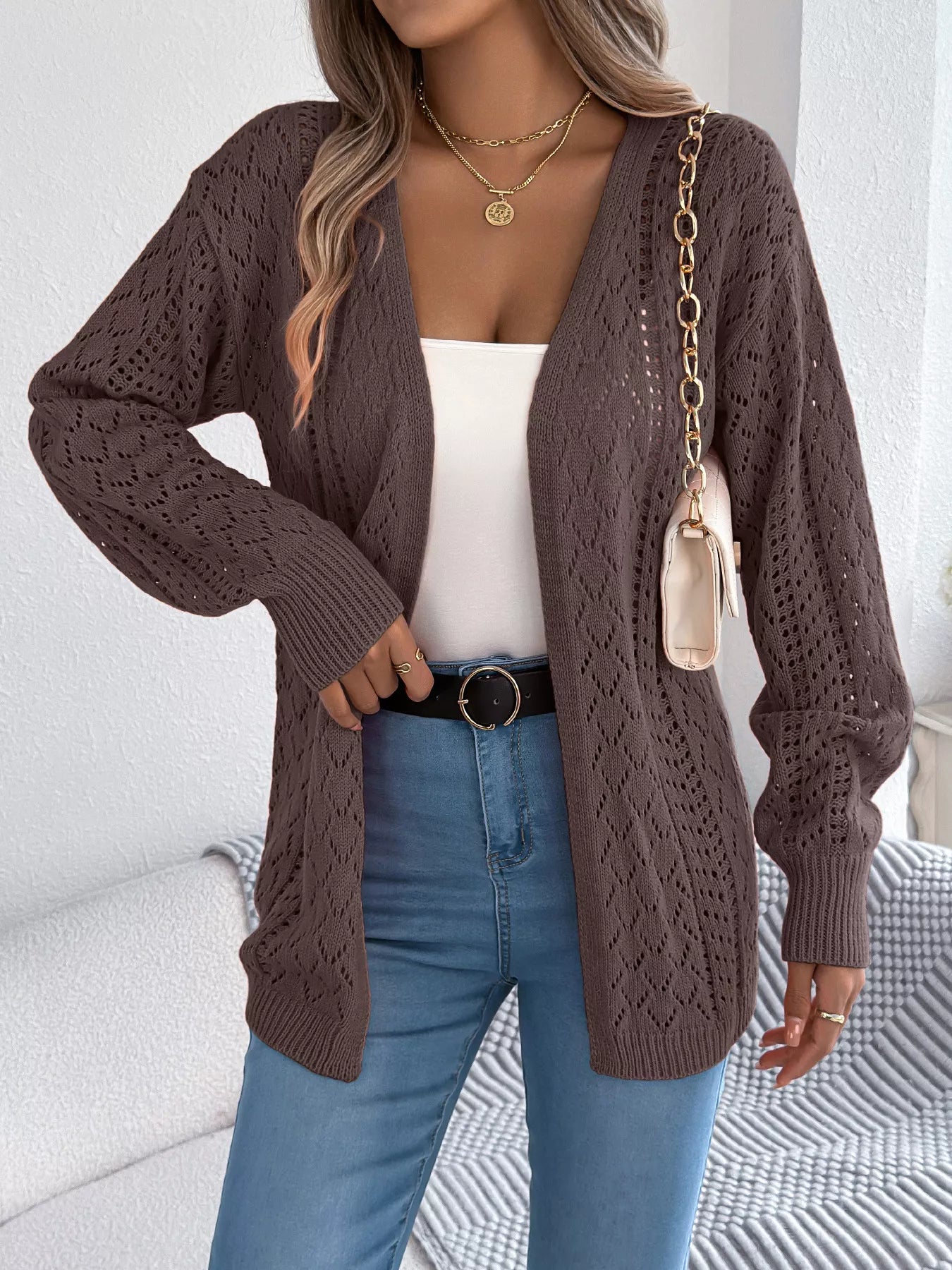 Openwork Open-Front Long Sleeve Cardigan OutfitFlow