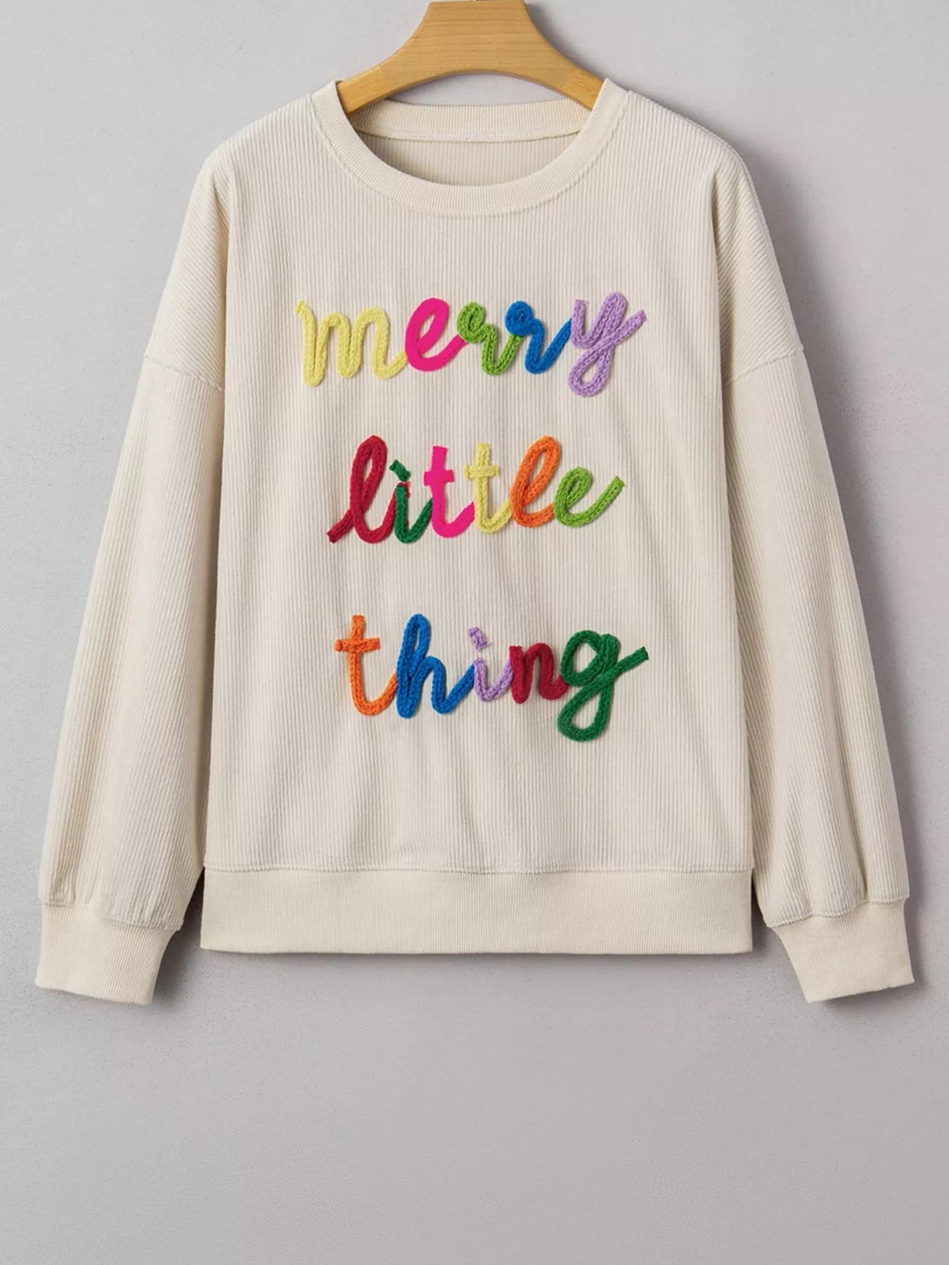 Merry Little Thing Corded Letter Graphic Ribbed Sweatshirt OutfitFlow