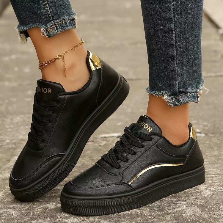 Outfit Flow - PU Leather Round Toe Flat Sneakers