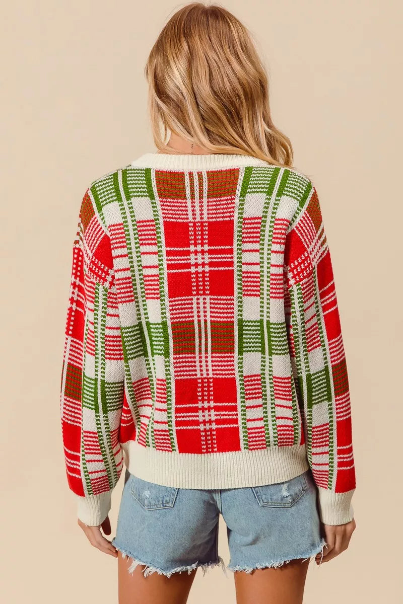 SO ME Christmas Color Checkered Plaid Crew Neck Sweater Trendsi