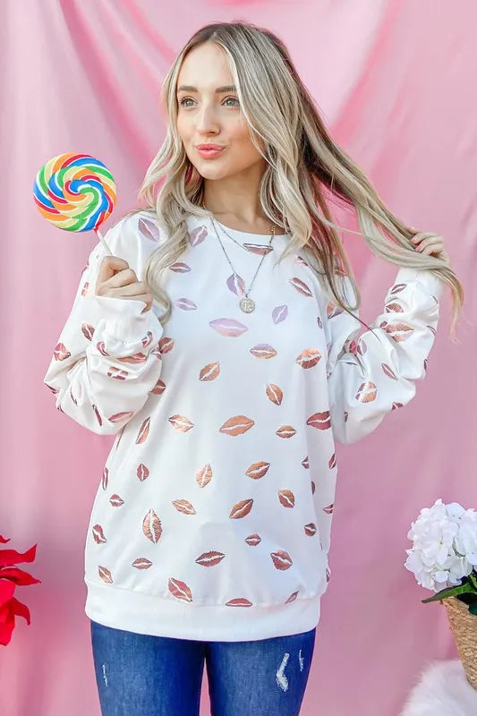 And The Why Kiss Pink Foil Allover Print Pullover Sweatshirts OutfitFlow