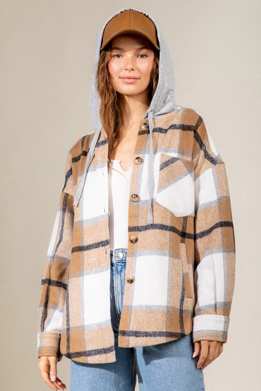 Outfit Flow - Drawstring Plaid Dropped Shoulder Hooded Jacket