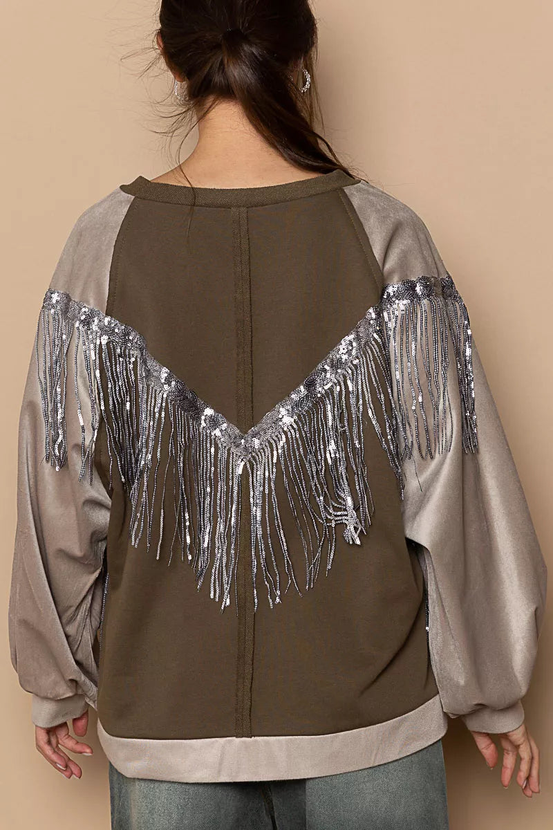 POL Balloon Sleeve French Terry Sweatshirt with Sequin Tassel OutfitFlow