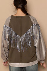 POL Balloon Sleeve French Terry Sweatshirt with Sequin Tassel OutfitFlow