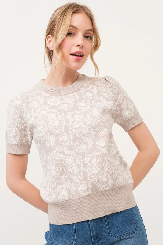 And The Why Short Sleeve Rose Pattern Knit Top OutfitFlow