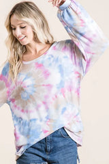 BiBi Tie Dye Print Terry Top With Puff Sleeves OutfitFlow