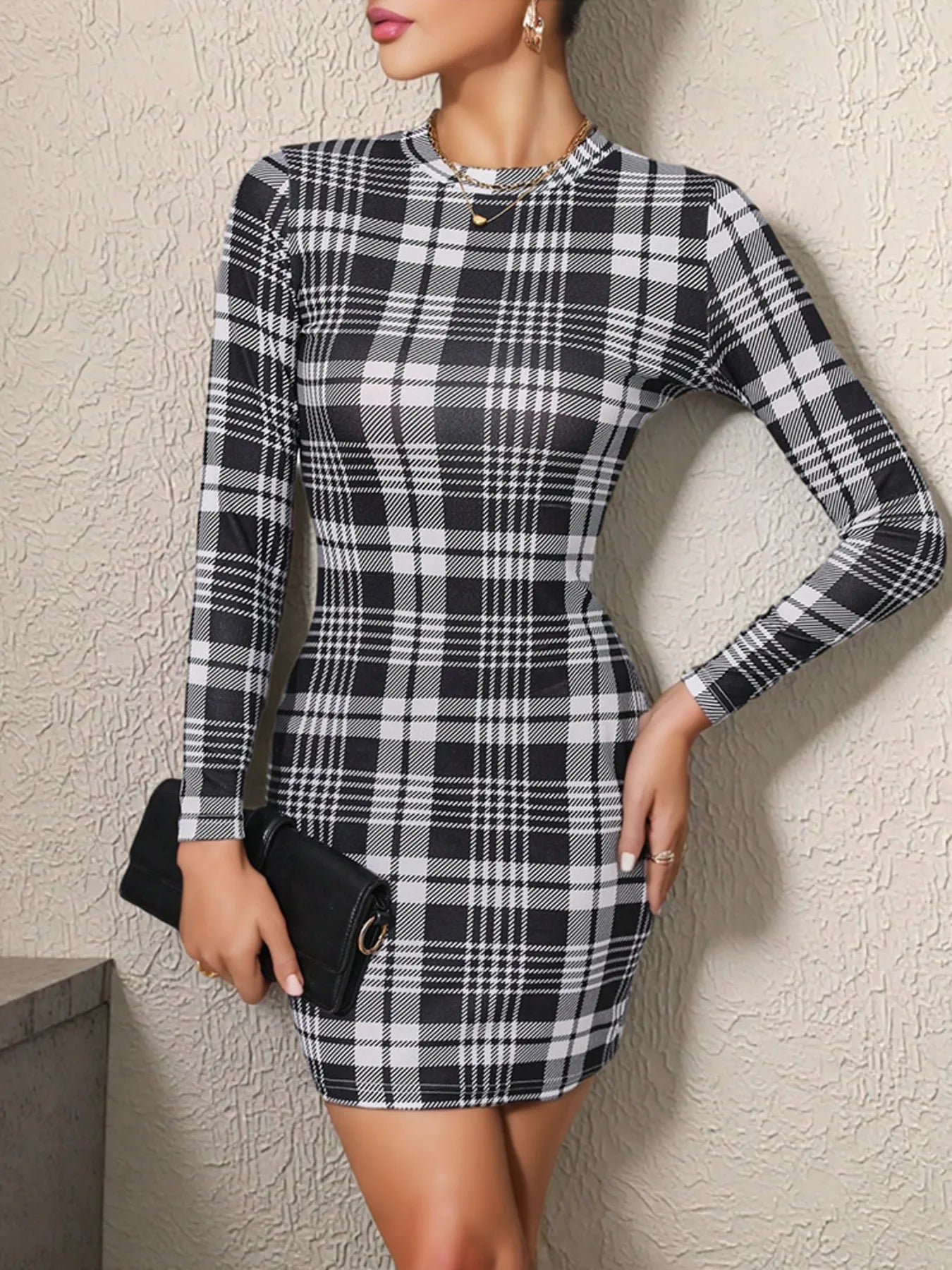 Long Sleeve Plaid Bodycon Mini Dress OutfitFlow