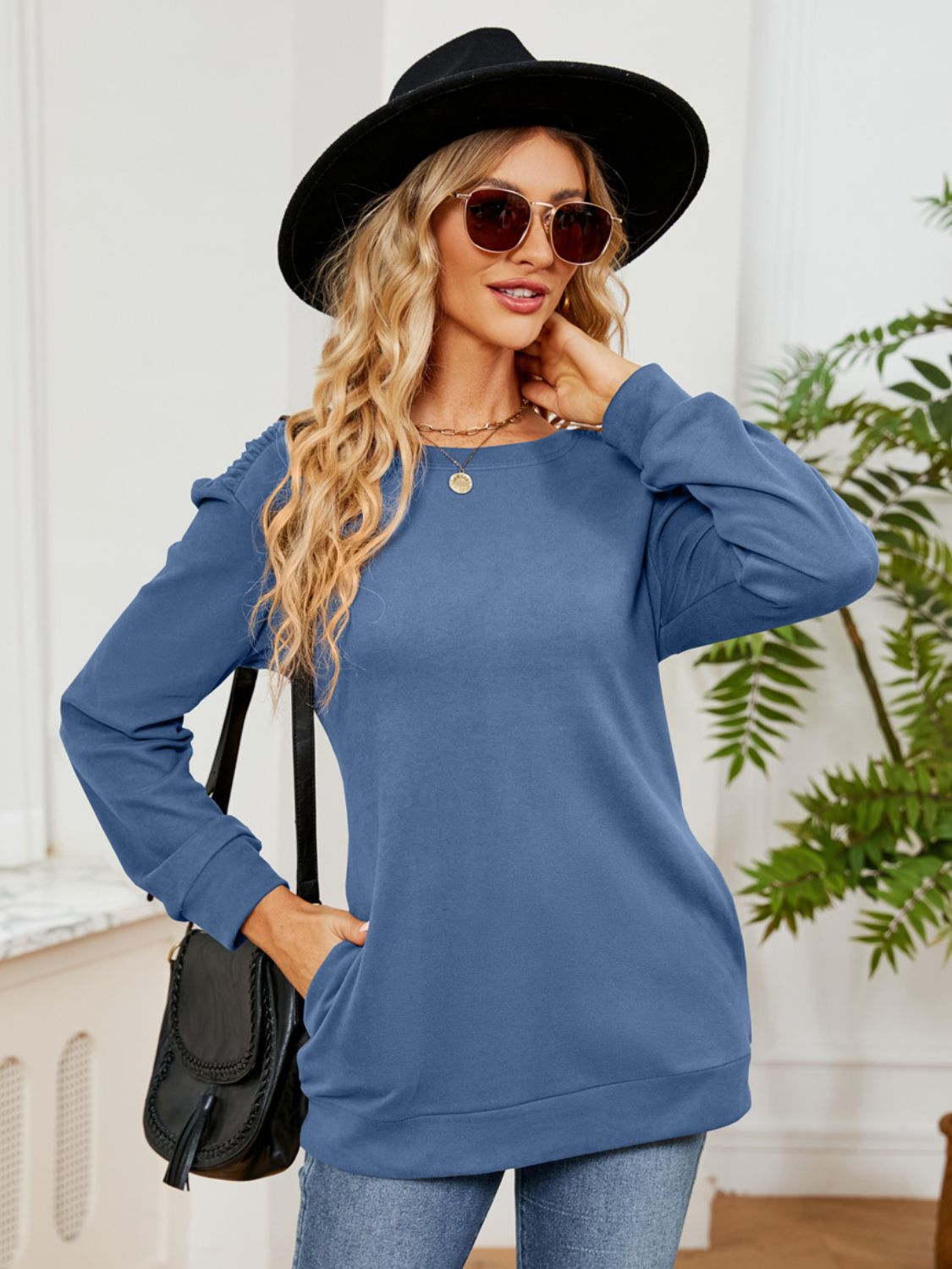 Outfit Flow - Ruched Shoulder Round Neck Long Sleeve Sweatshirt