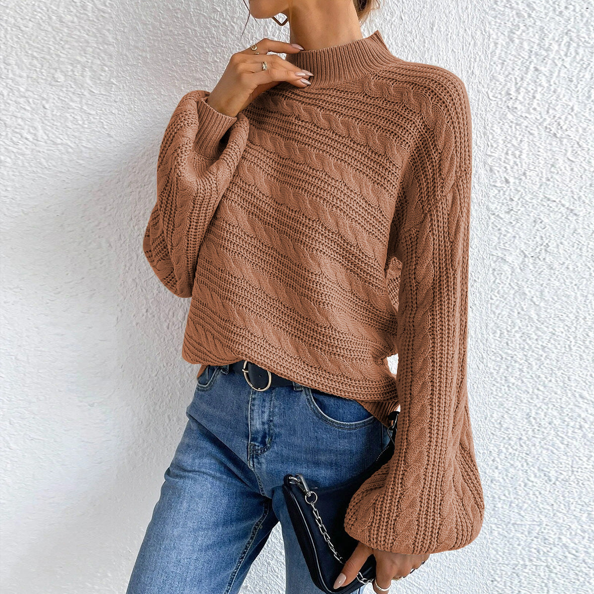 Cable-Knit Mock Neck Long Sleeve Sweater