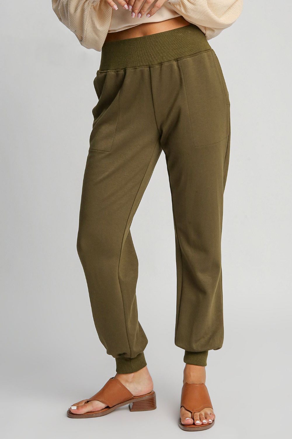 Umgee Full Size High Rise Elastic Waist Knit Joggers with Pockets Plus Size OutfitFlow