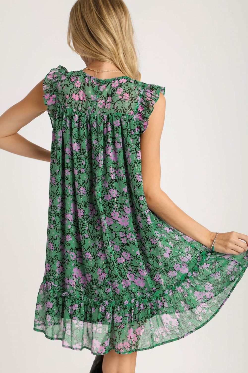 Umgee Full Size Smocked Detail Floral Metallic Ruffle Cap Sleeve Dress Plus Size OutfitFlow