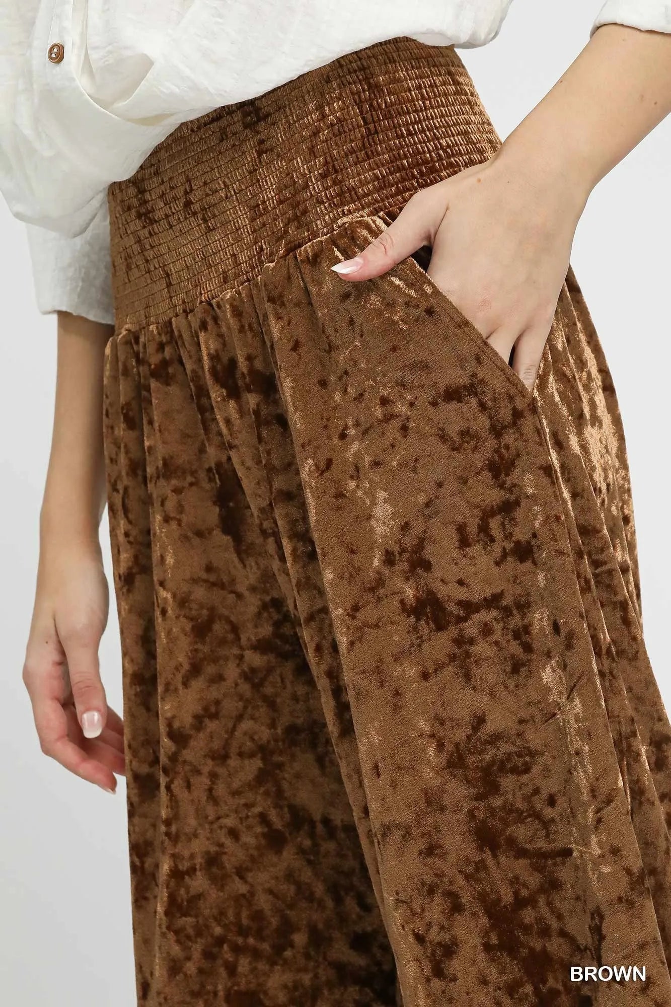 Umgee Velvet Smocked Waistband Wide Leg Pants Trendsi
